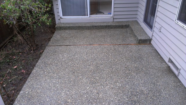 A concrete patio with a small step leading to the door.