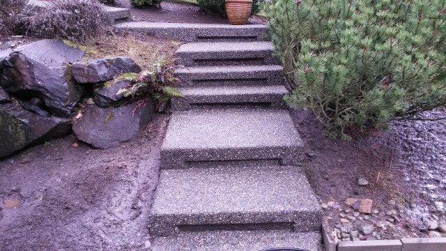 A cement walkway with steps leading to the ground.